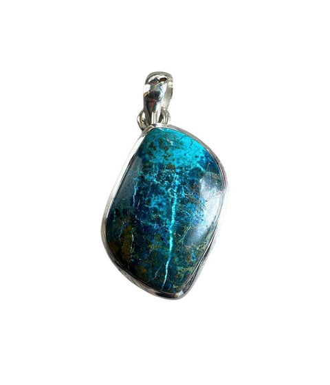 Blue stone pendant with silver setting on a white background