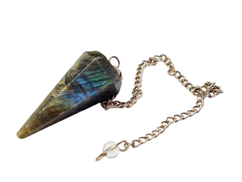 Labradorite crystal pendulum on a chain with a white background