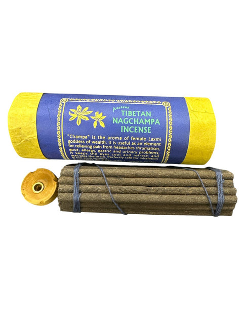Tibetan Nagchampa incense with blue and yellow packaging on a white background