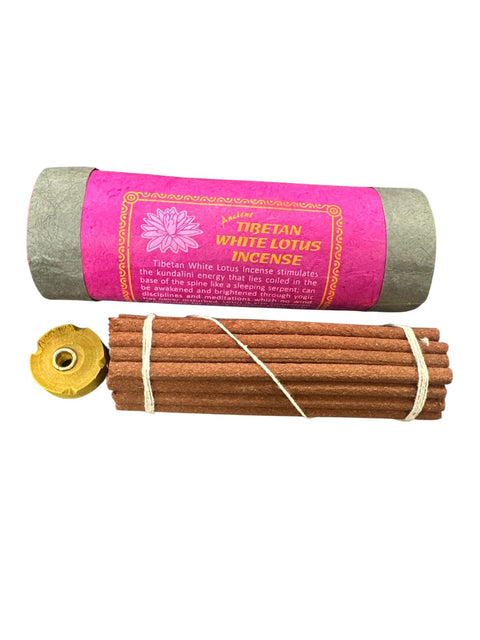 Roll of Tibetan White Lotus Incense with pink label on a white background