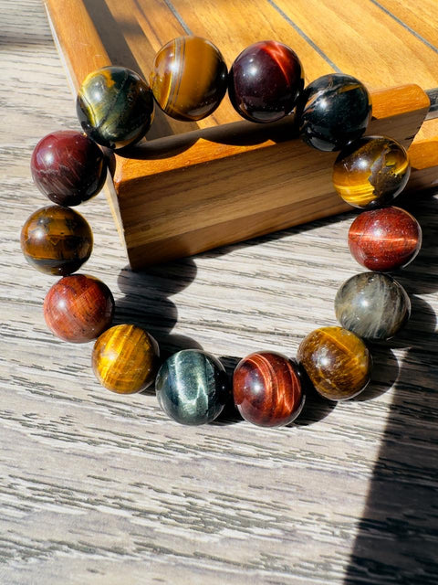 Multicolored beaded bracelet on a wooden surface